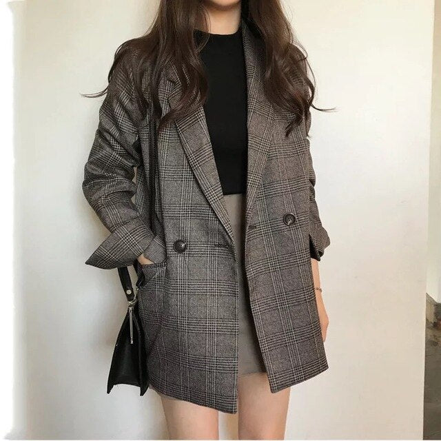 Women's Check Long Sleeve Cotton Jacket Causual Vintage Coat Plaid Bla