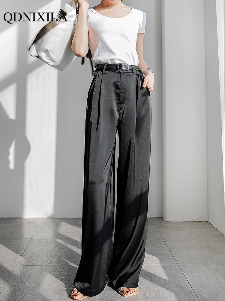 2022 Summer Autumn Silk Satin Women's Pants Loose Classic Black