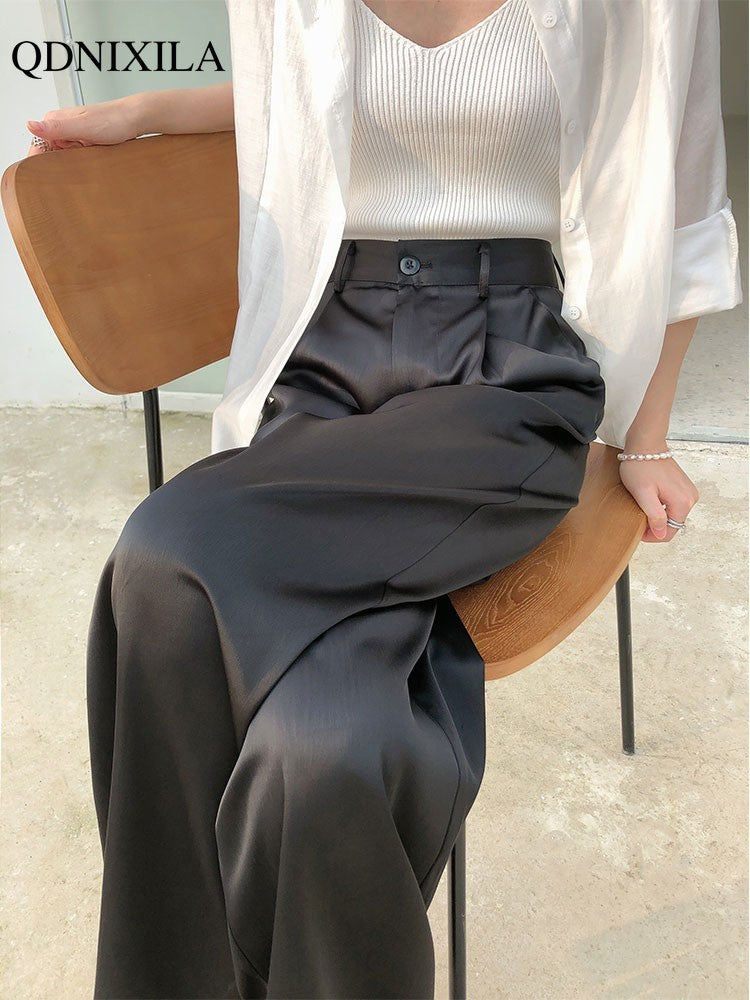 2022 Summer Autumn Silk Satin Women's Pants Loose Classic Black