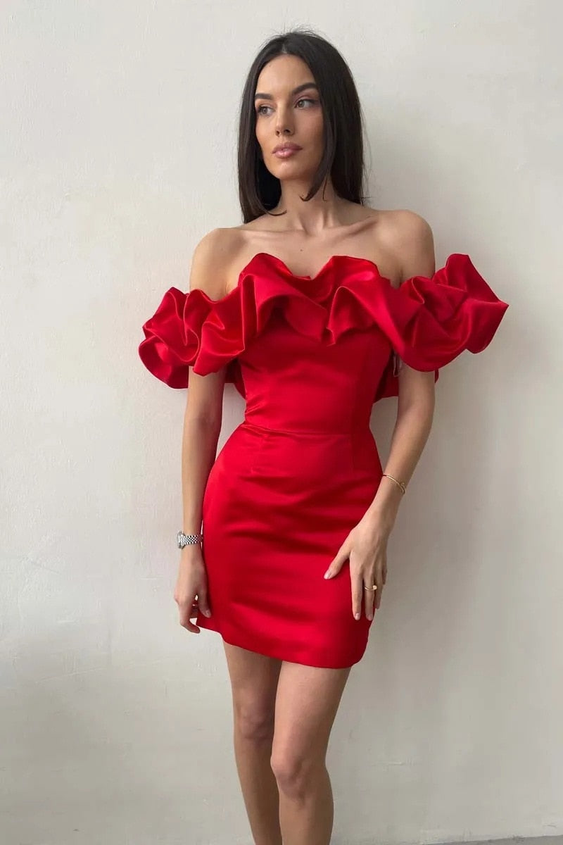 2023 Summer Women Ruffles Slash Neck Bodycon Package Hip Party Dress