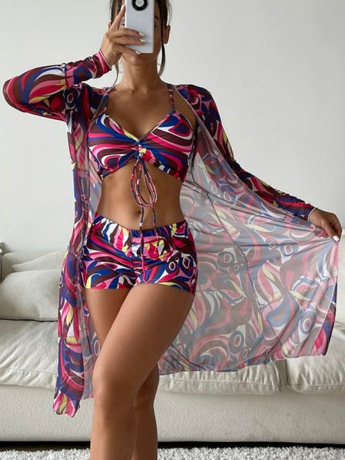 3 Pieces Sexy Print Bikini 2023 Women High Waist Swimsuit Cover Up