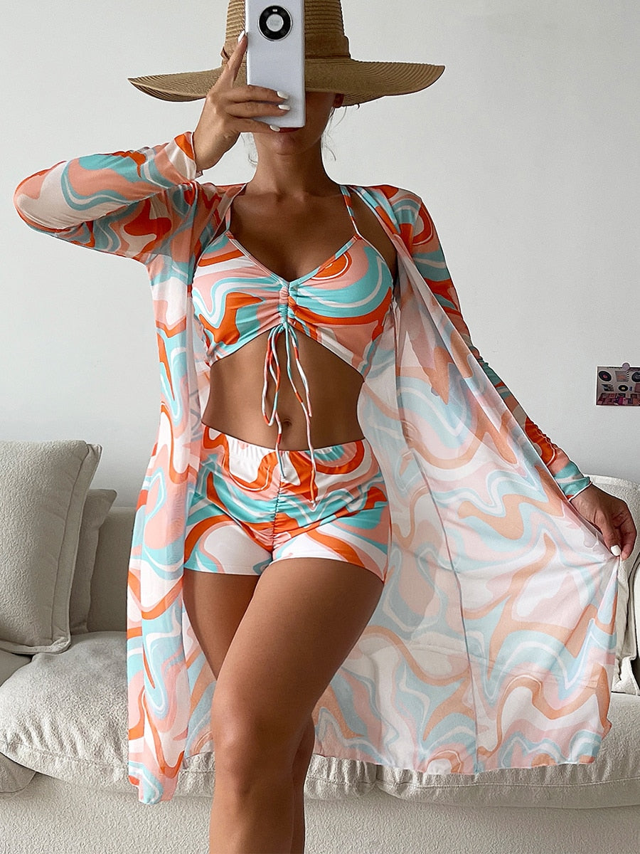 3 Pieces Sexy Print Bikini 2023 Women High Waist Swimsuit Cover Up