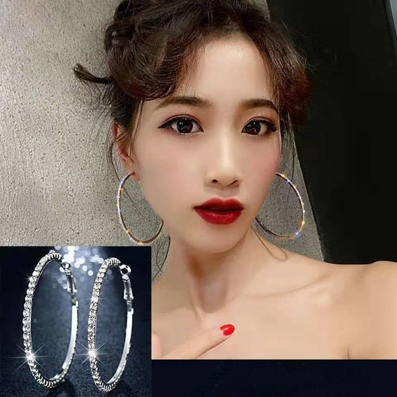 30-70mm Big Hoop Earrings For Women Girl Circle Crystal Rhinestone