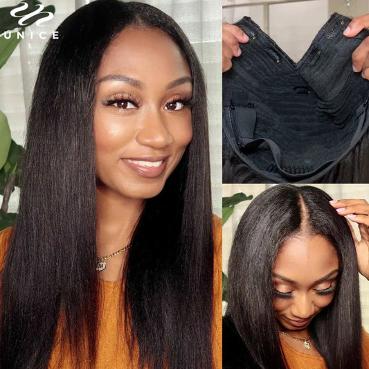 UNice Yaki Straight V Part Wig Human Hair Clip-in Upgrade U Part Wigs