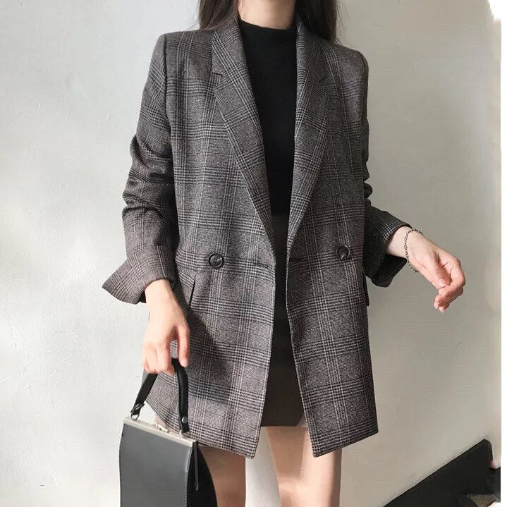 Women's Check Long Sleeve Cotton Jacket Causual Vintage Coat Plaid Bla