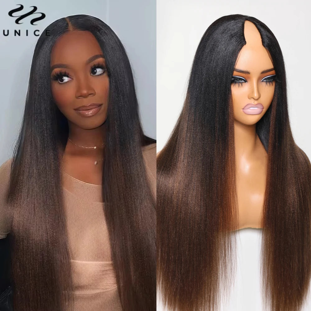 Unice Hair EasiContour Yaki Straight V Part Wig 100% Human Hair Clip