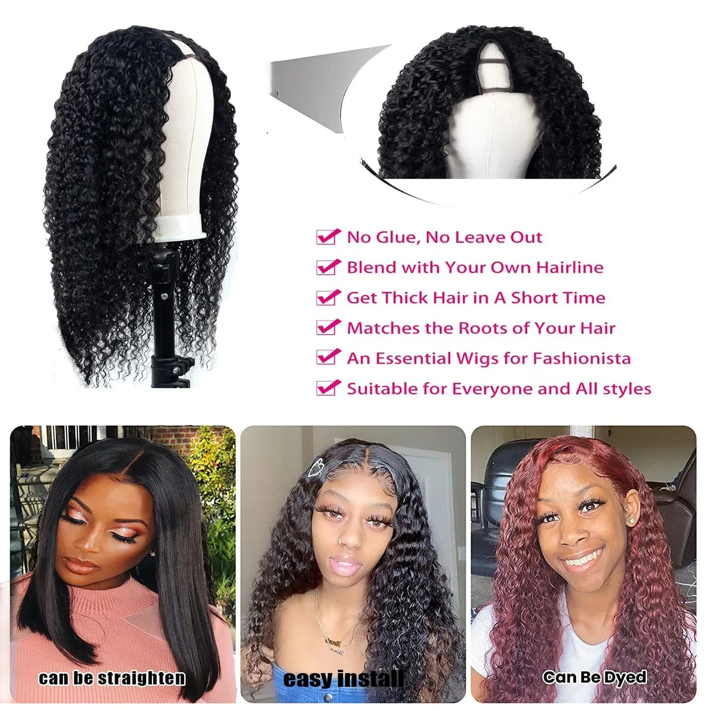 250 Density Kinky Curly V Part 100% Human Hair Wigs For Women No Leave