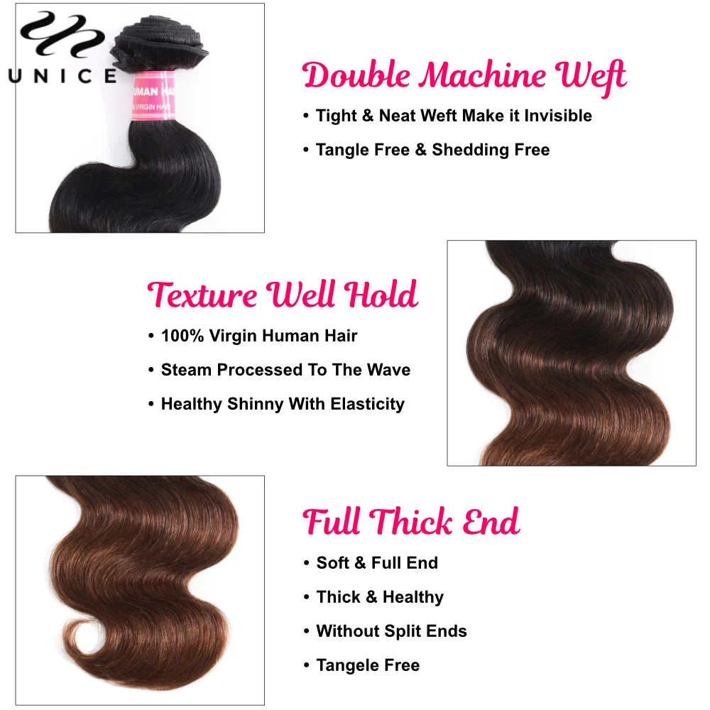 UNice Hair Dark Root Ombre Brown Body Wave Human Hair Bundles 3/4 PCS