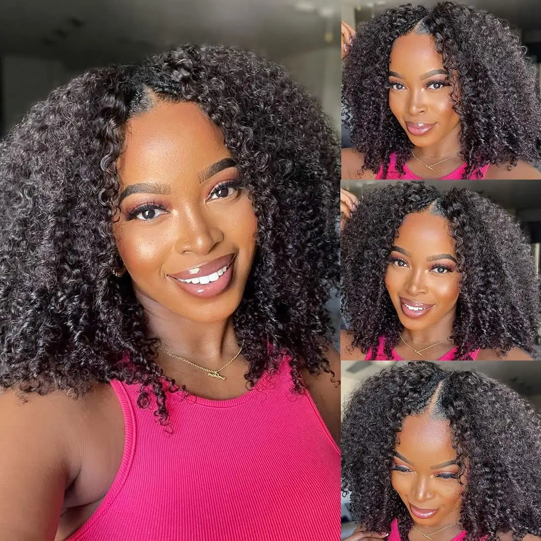 250 Density Kinky Curly V Part 100% Human Hair Wigs For Women No Leave