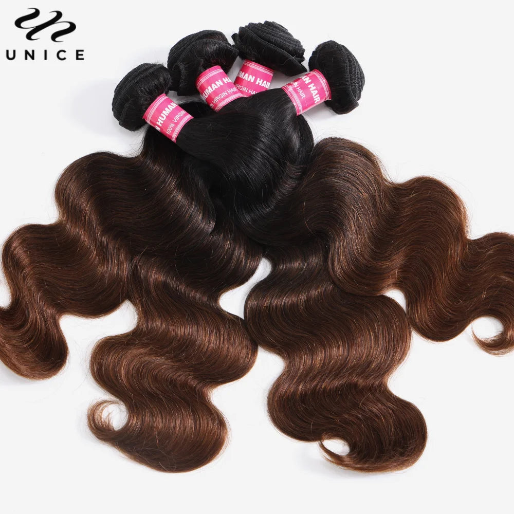 UNice Hair Dark Root Ombre Brown Body Wave Human Hair Bundles 3/4 PCS