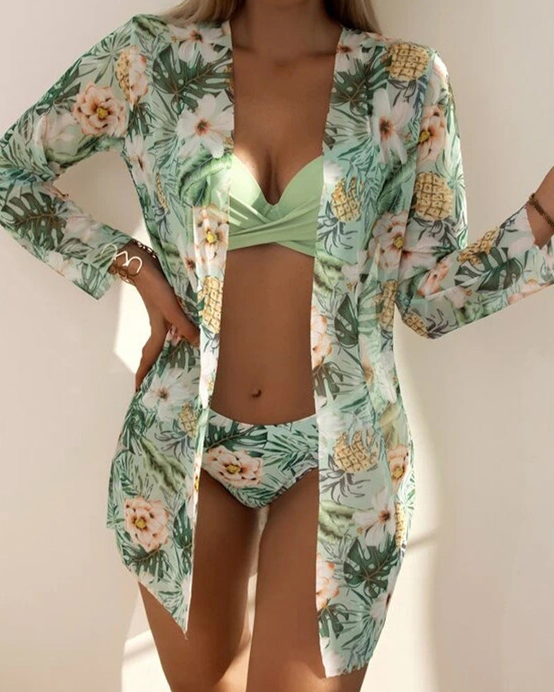 Bikini New Swimsuit Three-Piece Mesh Shawl Blouse Kimono Split Print B