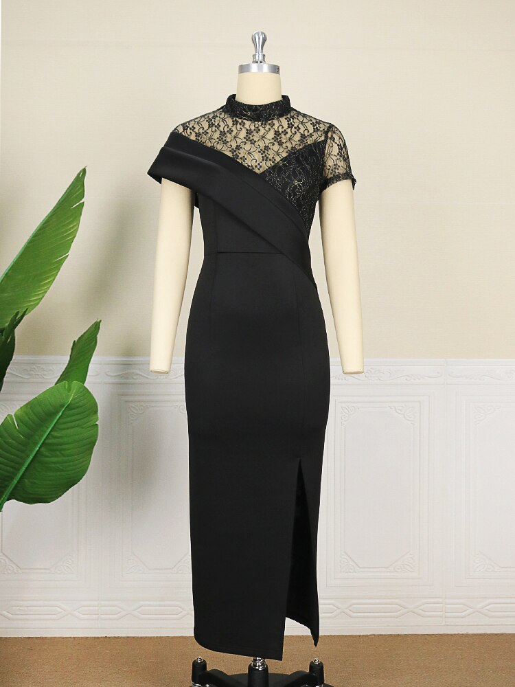 Black Long Prom Dresses High Neck Lace Patchwork Bodycon Women Evening