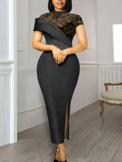 Black Long Prom Dresses High Neck Lace Patchwork Bodycon Women Evening