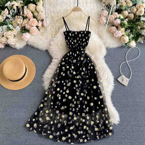 YuooMuoo Korean Fashion Daisy Flower Print Mesh Party Dress Summer Two