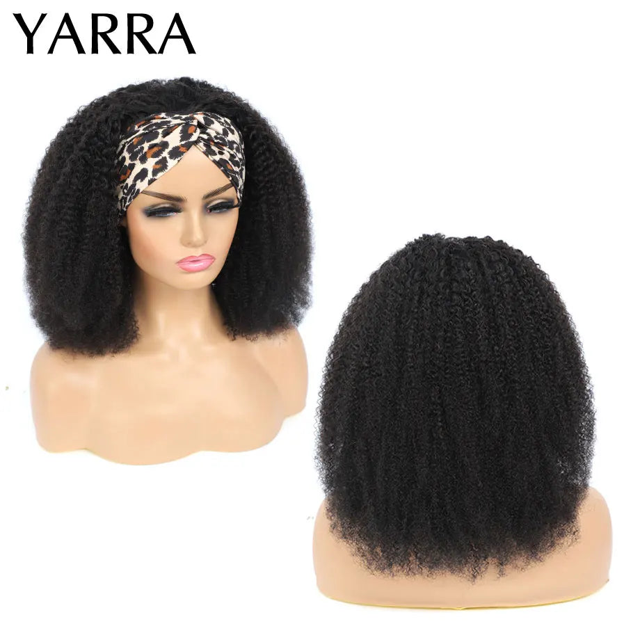 Afro Kinky Curly Human Hair Headband Wig For Black Women 180% Density