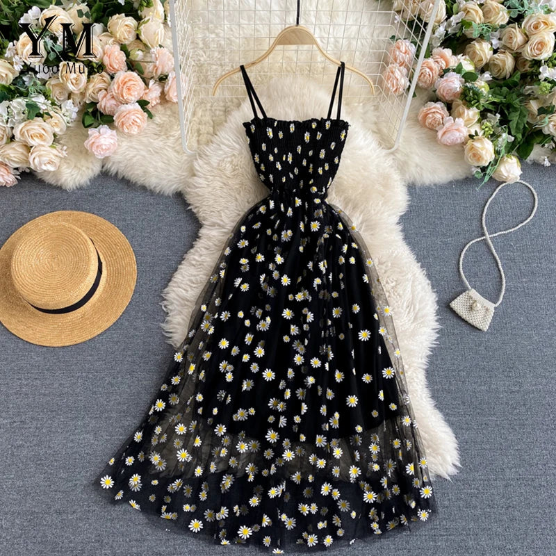 YuooMuoo Korean Fashion Daisy Flower Print Mesh Party Dress Summer Two