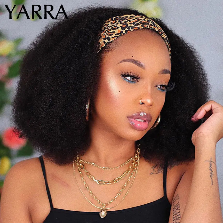 Afro Kinky Curly Human Hair Headband Wig For Black Women 180% Density