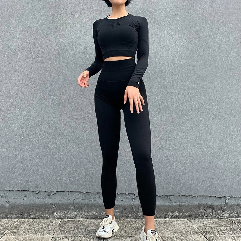 2pcs Women Seamless Yoga Set Workout Clothes Long Sleeve Gym Crop Top