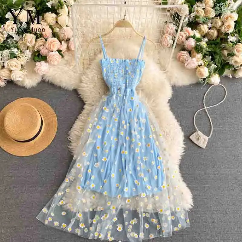 YuooMuoo Korean Fashion Daisy Flower Print Mesh Party Dress Summer Two