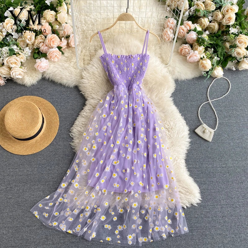 YuooMuoo Korean Fashion Daisy Flower Print Mesh Party Dress Summer Two