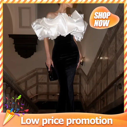 Black White Contrasting Puff One Neck Slim Woman Dress Sexy Backless