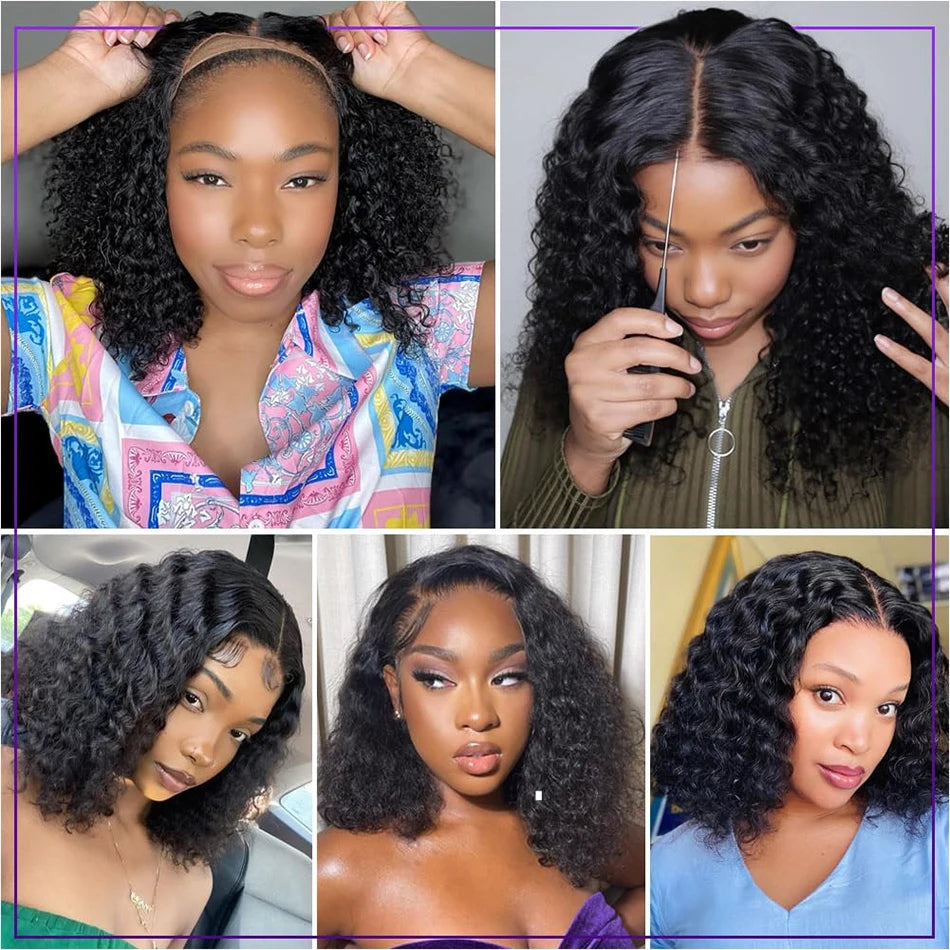 13x4 Deep Wave Curly Bob Wig Human Hair Transparent Lace Frontal Wigs