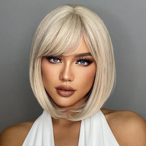 White Blonde Gray Synthetic Wigs with Bangs Short Straight Bob Hair