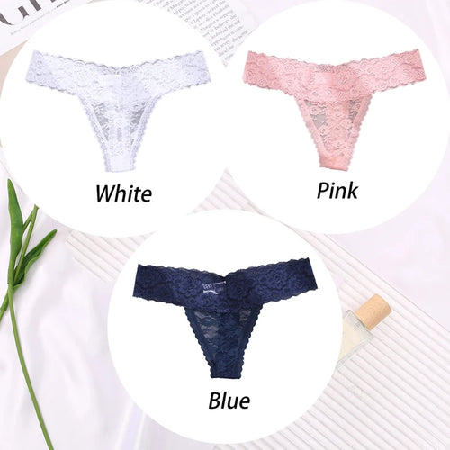 3PCS Sexy Lace G-string for Women Panties Transparent Floral Thongs