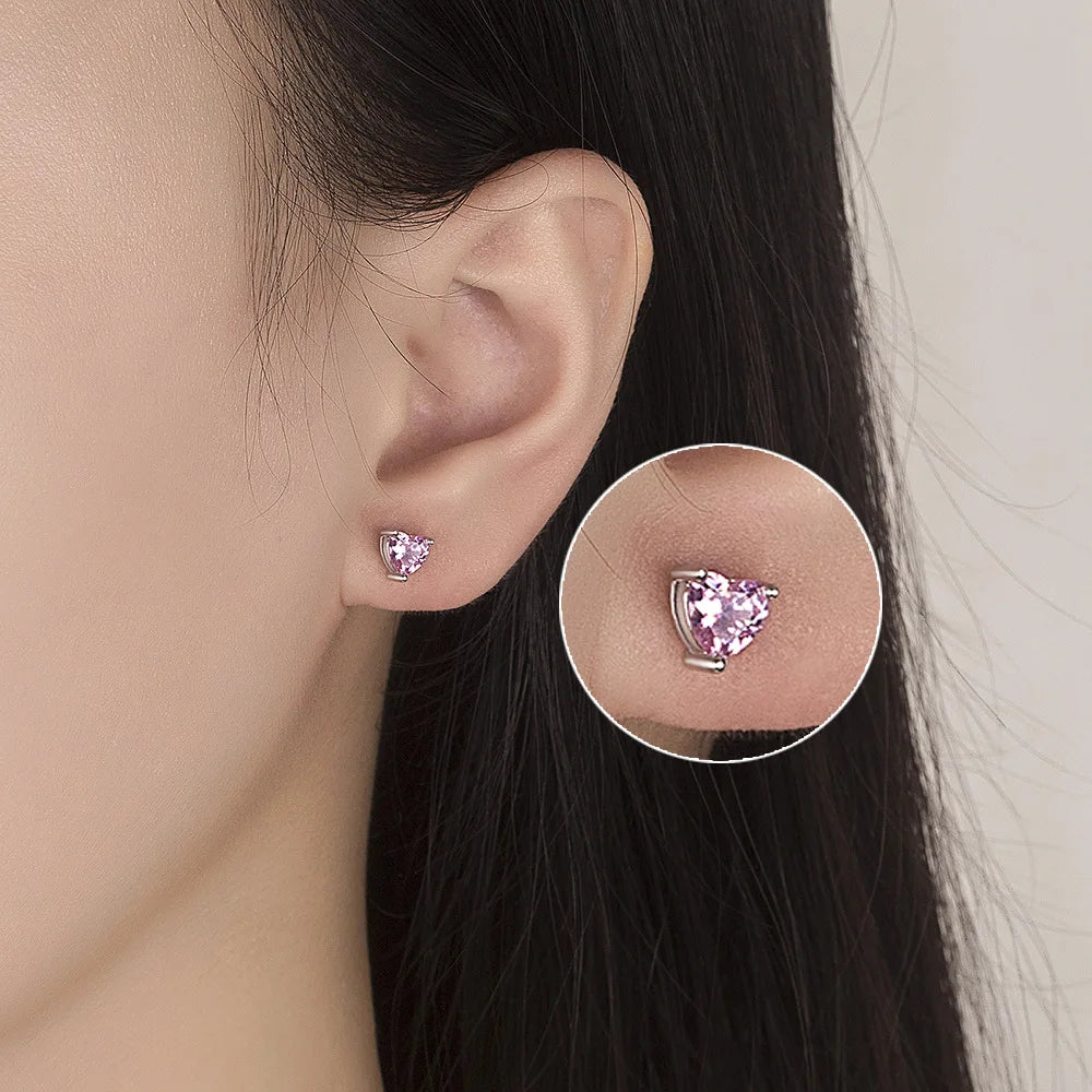 925 Sterling Silver Pink White Purple Red Heart Zircon Stud Earrings