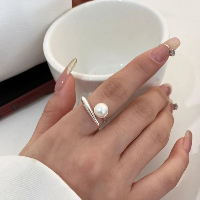 925 Sterling Silver Round Pearl Ring Wedding Adjustable Rings For