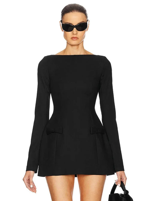 TARUXY Bows Splice Long Sleeve Mini Dress Elegant Office Woman Solid