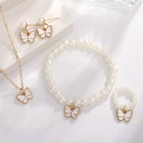 4pcs/Set Sweet Jewelry Set Butterfly Pendant Imitation Pearl Necklace