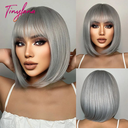 White Blonde Gray Synthetic Wigs with Bangs Short Straight Bob Hair