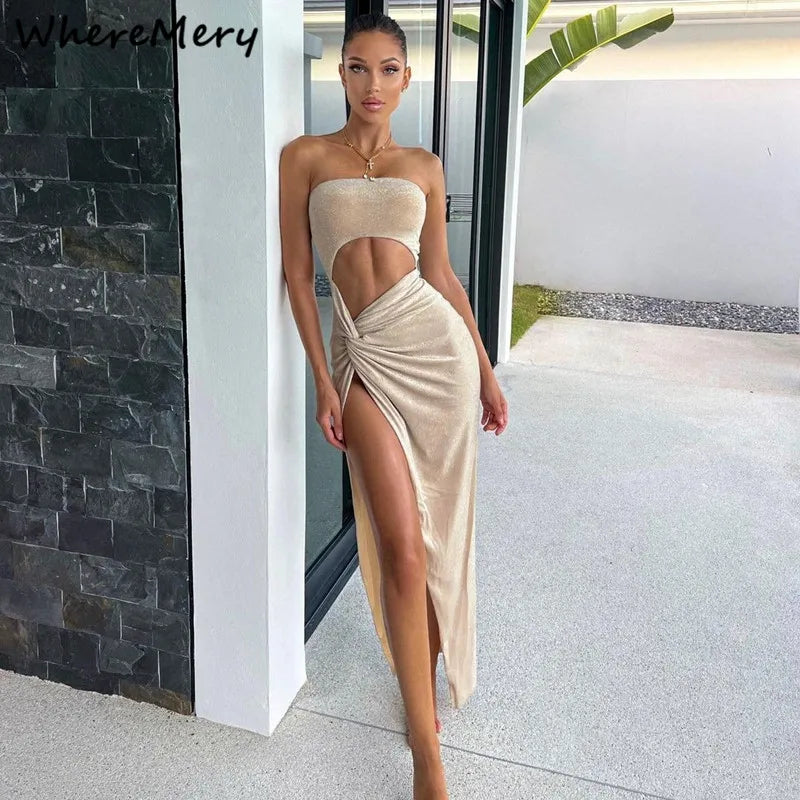 WhereMery Summer Sexy Sleeveless Slit Dress Hollow Out Skinny Elegant