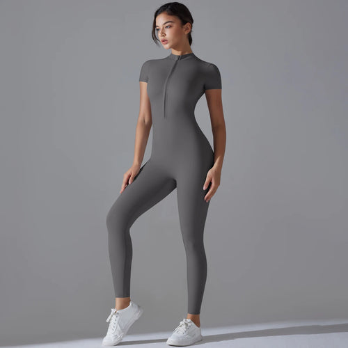 Yoga Set Women's Jumpsuits One-Piece Suit Zipper Short Sleeve Gym Push