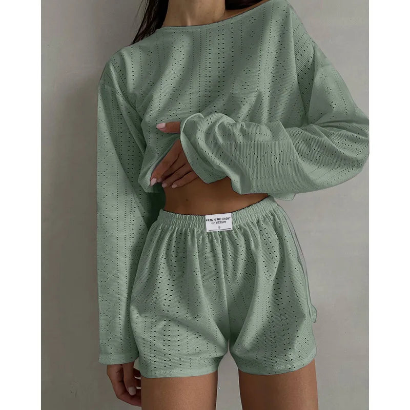 Women's Pajamas Set Spring Long Sleeve Tops With Shorts Sleepwear 2