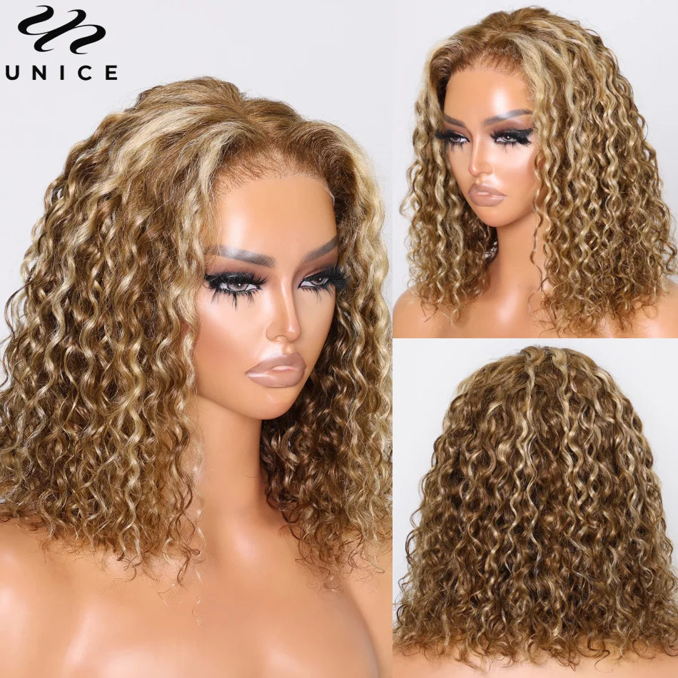 UNice 7x5 Glueless Water Wave Bob Wig Honey Blonde Highlight Pre