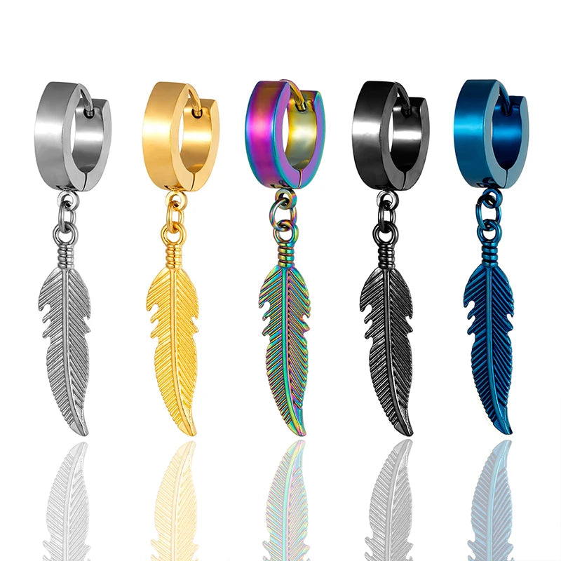 1 Pieces Simple Feather Pendant Ear Studs Man Women Stainless Steel