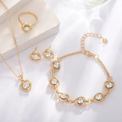 5PCS Set Gold-Color Heart Shaped Jewelry Sets Of Ring Earrings