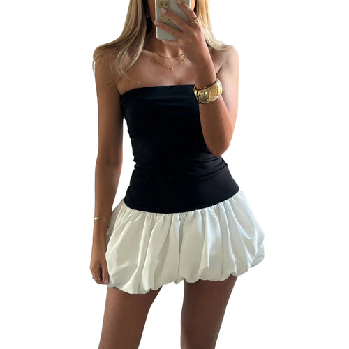 Women Sleeveless Strapless Mini Dress Summer Solid Color Puff Bubble