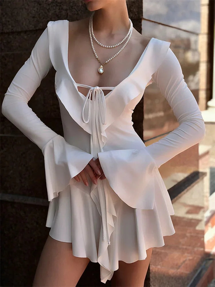 Tossy Ruffled Lace-Up White Mini Dress Women's V-Neck Patchwork Long