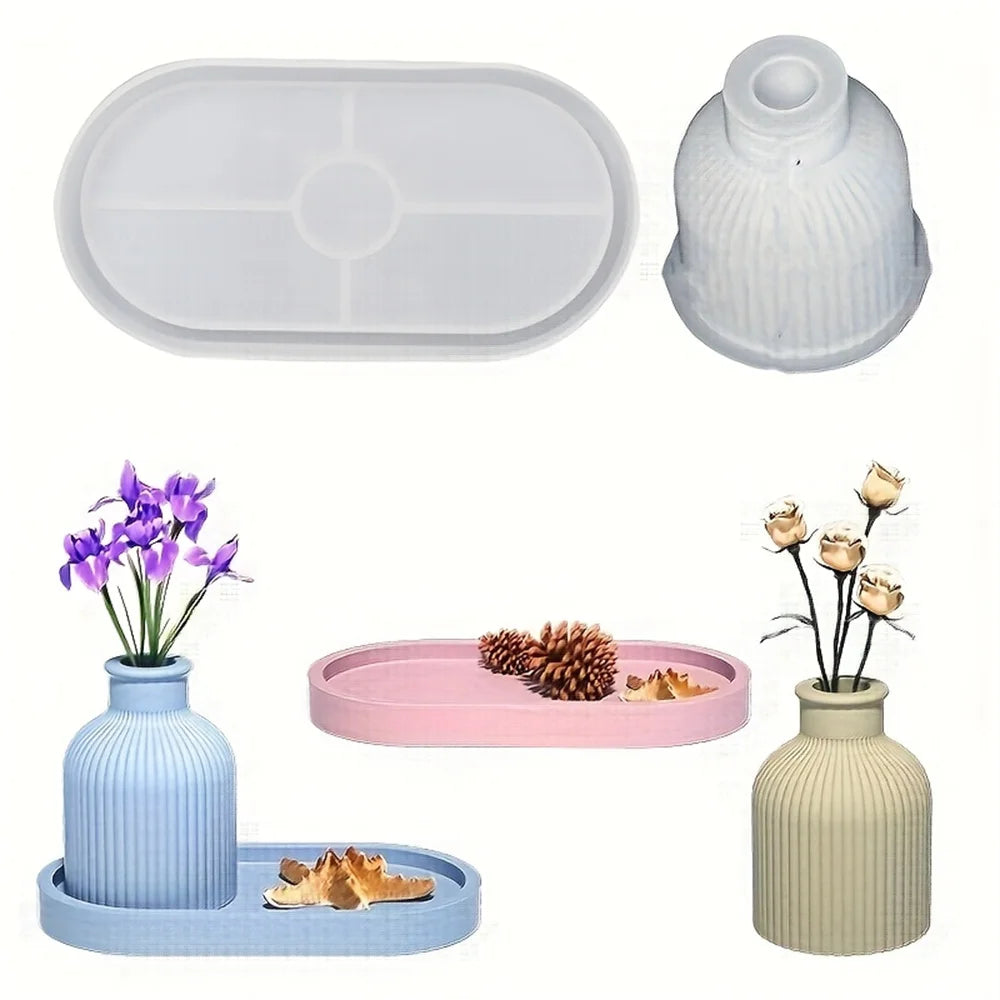 2pcs Vase Tray Silicone Mold, Oval Coaster Mold And Bottle Container