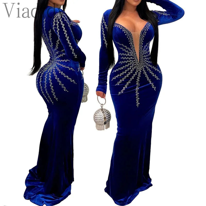 Women Sexy Velvet Mesh Rhinestone V-Neck Floor-Length Evening Party