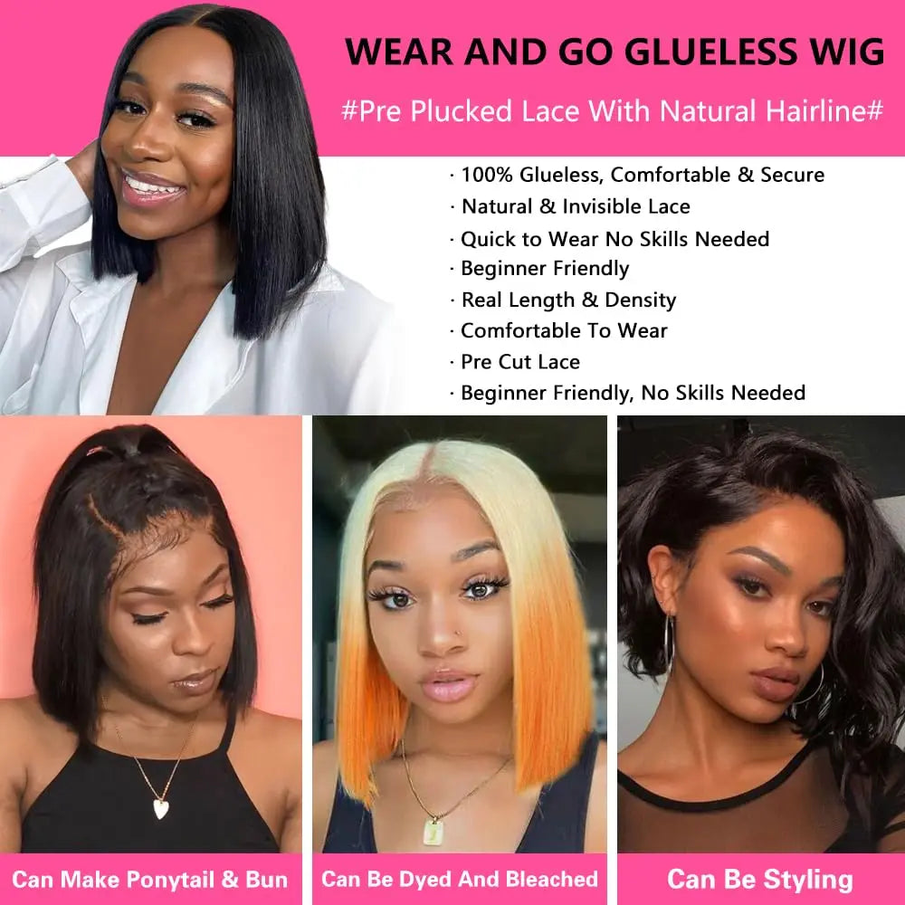 Wear And Go Glueless Wigs Human Hair Bob Straight Pre Cut Lace Front