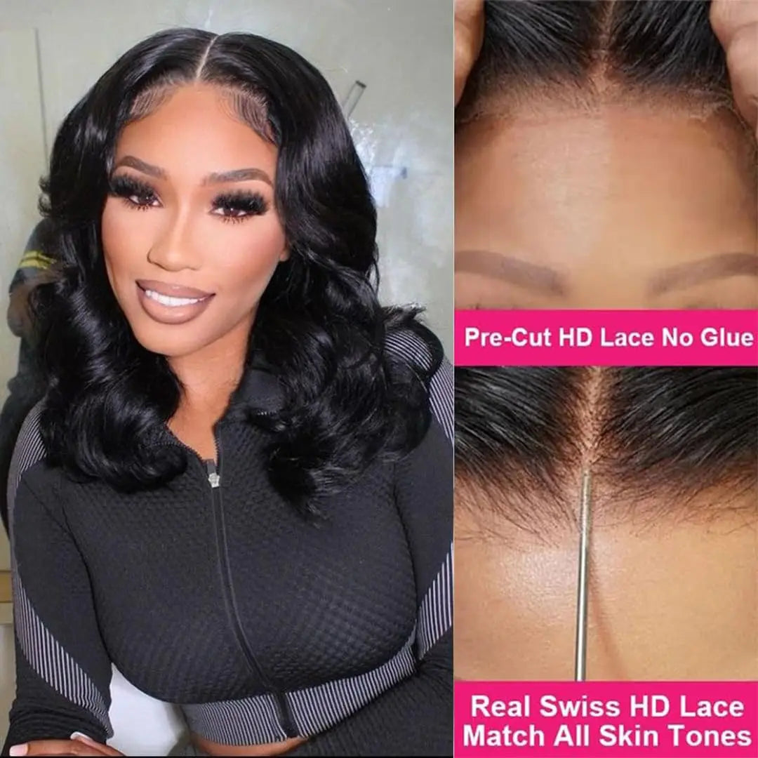 Black Short Body Wave Lace Front Wigs Glueless Natural Wave Synthetic