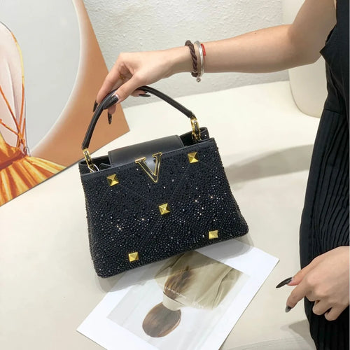 2024 Luxury Fashion Diamonds Women's Handbags Ladies Leather Rivets