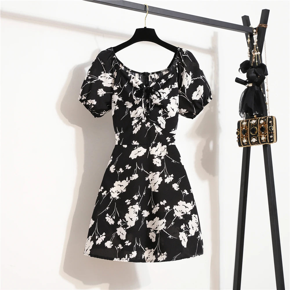 Women Mini Dresses Summer Fashion Female Vestidos Print Floral Chiffon