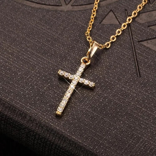 Cross Pendant Rhinestone Inlay Adjustable Necklaces Women Solid Color