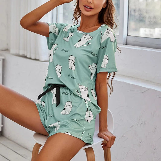 Women Pajamas Sets Short Sleeve Nightwear Top and Pants Sleepwear 2