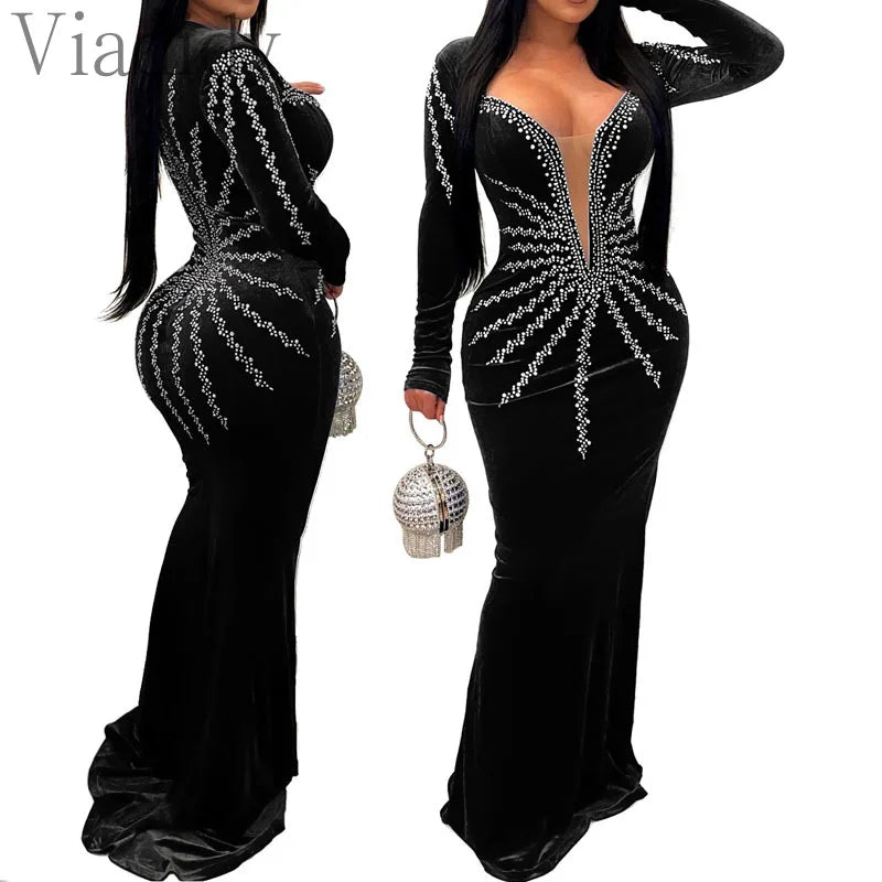 Women Sexy Velvet Mesh Rhinestone V-Neck Floor-Length Evening Party